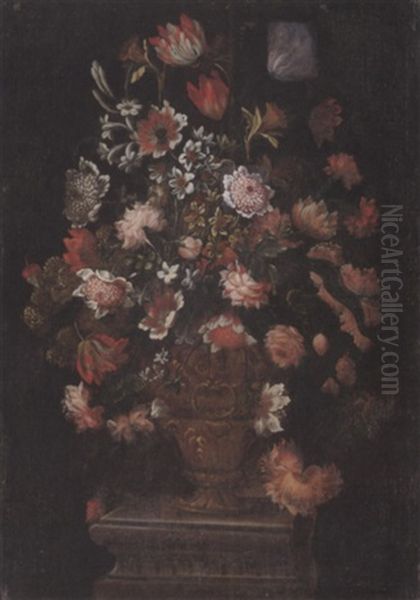 Chrysanthemums, Parrot Tulips, Narcissi, Jasmine And Other Flowers In An Urn On A Pedestal Oil Painting by Mario Nuzzi