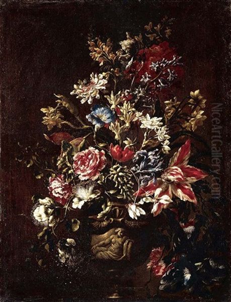 A Still Life Of Carnations, Lilies, Peonies, Irises And Other Flowers In Stone Urn On A Pedestal Oil Painting by Mario Nuzzi