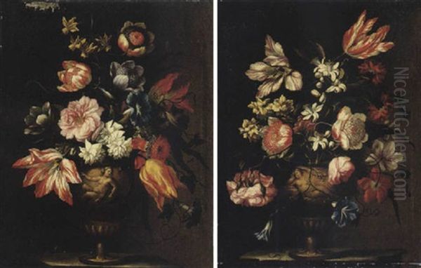 Still Life Of Various Flowers In A Terracotta Vase With A Female Figure In Relief, Upon Stone Plinth Oil Painting by Mario Nuzzi