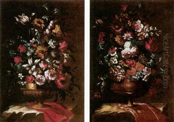 Still Life Of Flowers In A Gilt Urn On A Stone Ledge Oil Painting by Mario Nuzzi Mario Dei Fiori