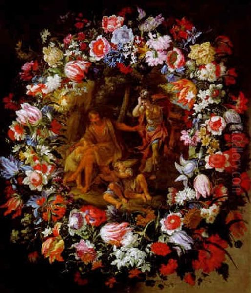 Blumengirlande Mit Erminia Unter Den Hirten Oil Painting by Mario Nuzzi Mario Dei Fiori