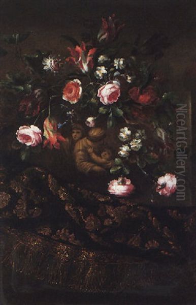 A Still Life Of Roses, Variegated Tulips And Other Flowers In A Sculpted Vase With A Trompe L'oeil Image Of The Holy Family by Mario Nuzzi