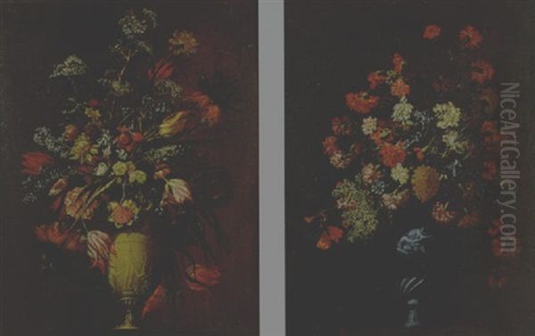 Tulipani, Campanule Bianche E Blu, Peonie, Narcisi E Altri Fiori In Un Vaso Bianco Su Un Piedistallo Di Pietra Oil Painting by Mario Nuzzi Mario Dei Fiori