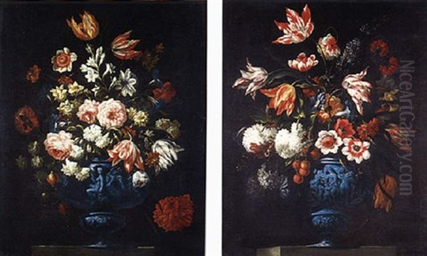 Flowers In A Sculpted Urn On A Stone Ledge Oil Painting by Mario Nuzzi