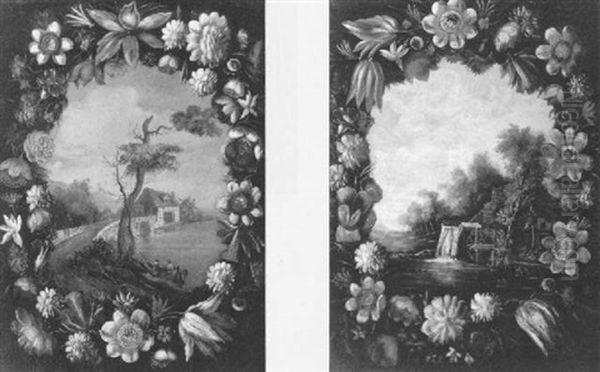 Garlards Of Flowers With Idyllic Landscapes Oil Painting by Mario Nuzzi