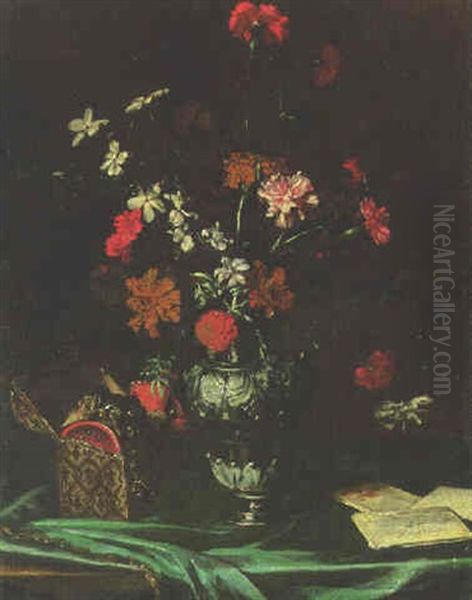 Flowers In A Vase With A Casket Of Jewels And Letters On A Table Oil Painting by Mario Nuzzi Mario Dei Fiori