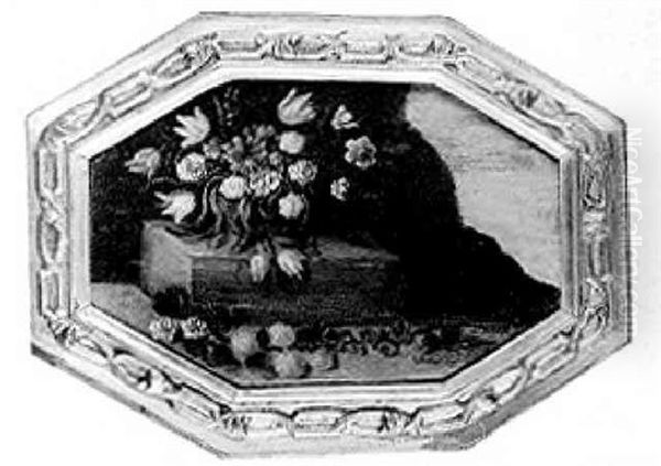 Flowers In A Vase On A Stone Ledge In A Landscape Oil Painting by Mario Nuzzi