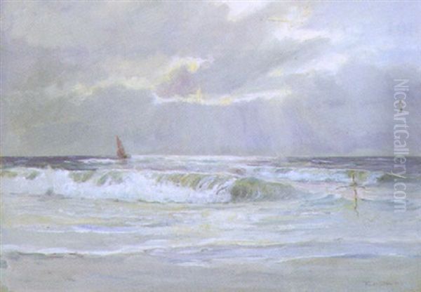 Solgennembrud Over Havet Med Sejlskib Oil Painting by Poul Friis Nybo