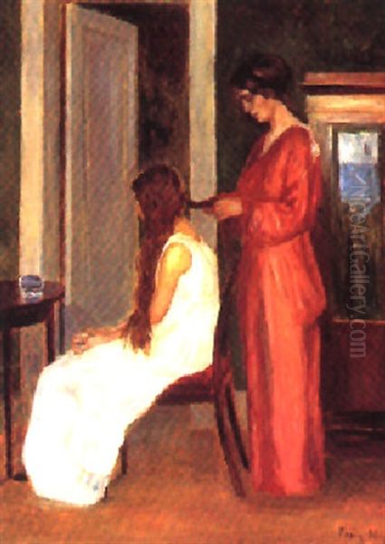Interior Med Malerens Kone Og Datter, Der Ordner Har Oil Painting by Poul Friis Nybo