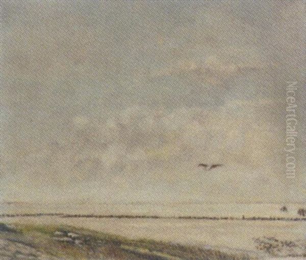 A Seascape With A Seagull In A Cloudy Sky Oil Painting by Dirk Nyland