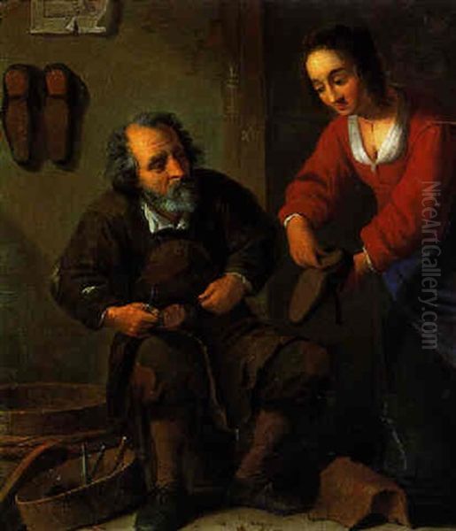 Der Besuch Beim Schuhmacher Oil Painting by Justus van den Nypoort