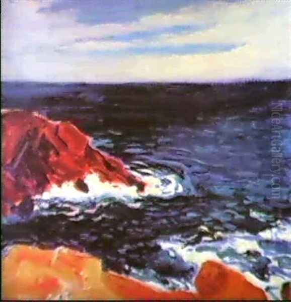 Blue Sea And Rocks, Brittany, Pont Aven (ca 1897) Oil Painting by Roderic O'Conor