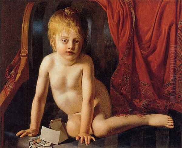 A Child Playing With Cards Oil Painting by Joseph Dionysius Odevaere