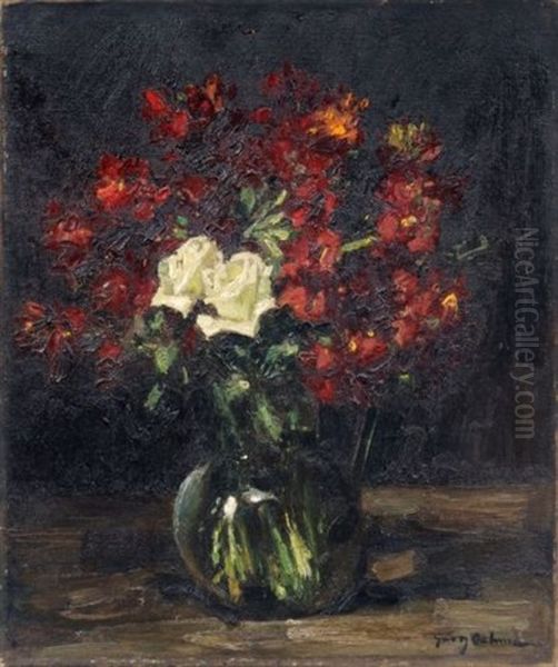 Stillleben Mit Weisen Rosen Und Dunkelrotem Goldlack Oil Painting by Georg Egmont Oehme