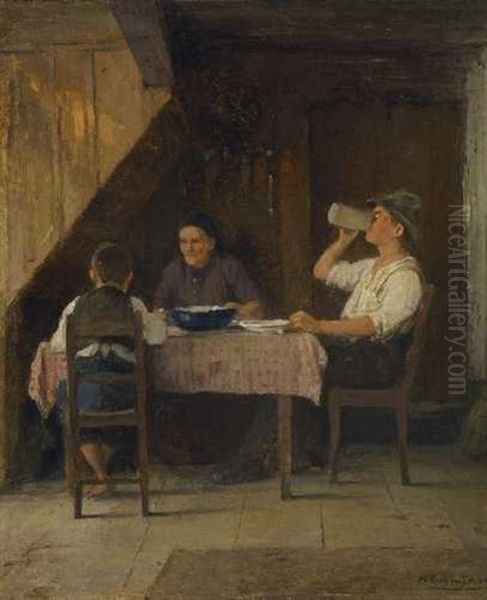 Bauernfamilie Am Mittagstisch Oil Painting by Hugo Oehmichen