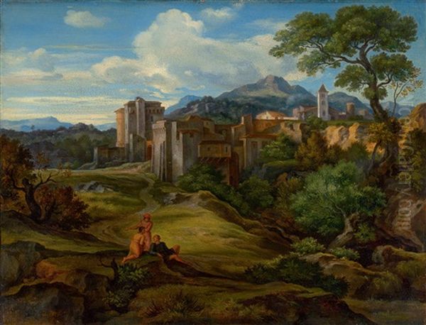 Landscape In The Campagna With A Fortified City Oil Painting by Ferdinand von Olivier