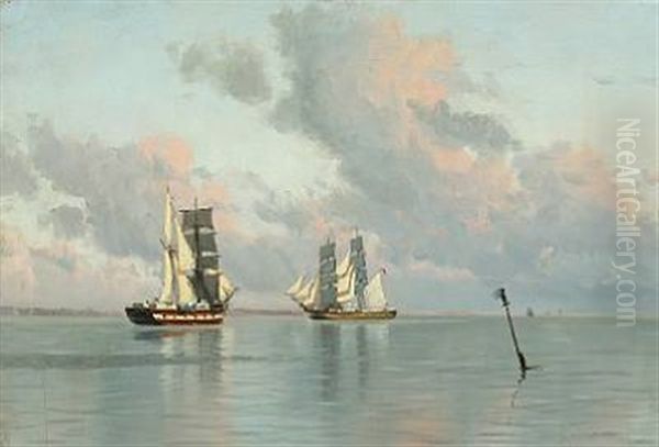 Sailing Ships In Calm On The Coast Oil Painting by Alfred Olsen