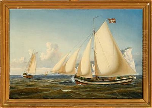 Ship Portrait Of The Danish Packet Boat "christine Marie" Passing The Cliffs On Mon Oil Painting by Carl Julius Emil Olsen