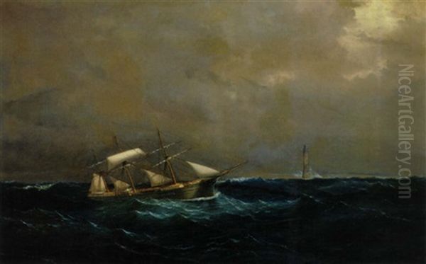 Tremaster Passerer Et Fyrtarn I Den Engelske Kanal Oil Painting by Carl Julius Emil Olsen