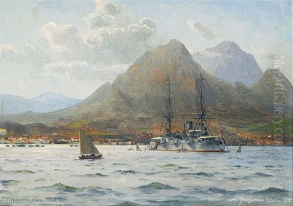 Danish Cruiser Valkyrien Anchoring At Tenerife On Board The Royal Couple Oil Painting by Christian Benjamin Olsen