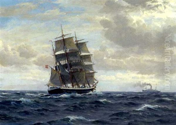 Marine Med Skibe Pa Havet Oil Painting by Christian Benjamin Olsen