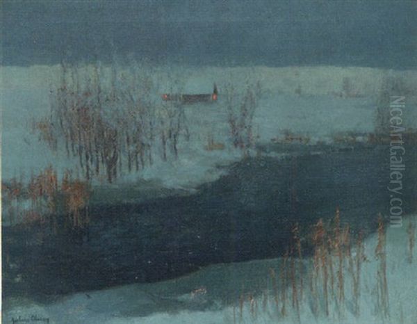 A Riverside Cottage In A Winter Landscape At Night Oil Painting by Julius Olsson