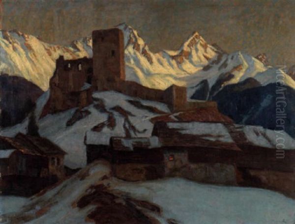 Abendstimmung Uber Bergruine Mit Dorf In Den Alpen Oil Painting by Carl (Karl, Charles) O'Lynch of Town