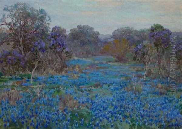 Field Of Bluebonnets With Trees Oil Painting by Julian Onderdonk