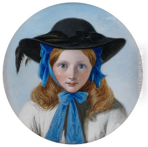 Girl With Blue Bow And Black Bonnet Oil Painting by Henry Nelson O'Neil
