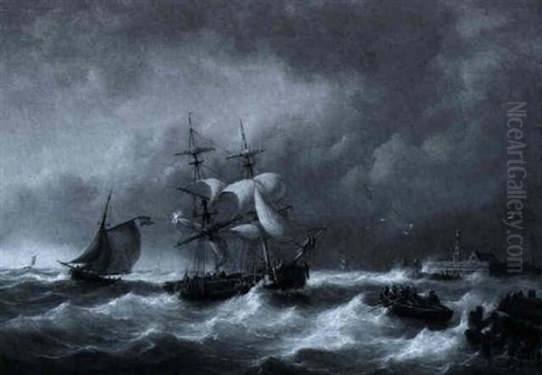 Schiffe In Kustennahe Auf Ruhiger See  Sturm An Der      Kuste Oil Painting by George Willem Opdenhoff