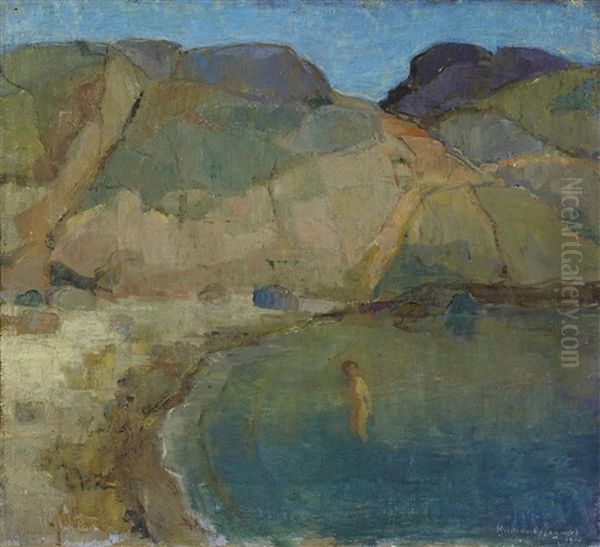 Fjordbucht Mit Badender (+ Another; 2 Works) Oil Painting by Kristian Oppegaard