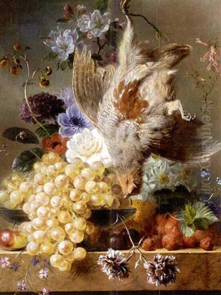 A Still Life With Flowers, Fruit And A Partridge Oil Painting by Georgius Jacobus Johannes van Os