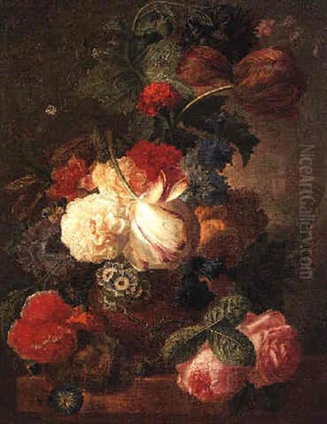 A Still Life Of A Poppy, Tulips, Roses, A Hyacinth, Convolvulus And Other Flowers In A Terracotta Vase Beside A Bird's Nest On A Marble Ledge, A Wooded Landscape Beyond Oil Painting by Georgius Jacobus Johannes van Os