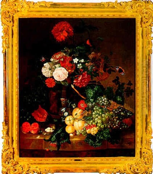 A Still Life Of Flowers In A Vase With Fruit And A Nest Of Birds Eggs Oil Painting by Georgius van Os