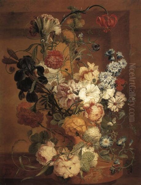 Cockscomb And Other Flowers On A Marble Ledge With A Bee Oil Painting by Jan van Os