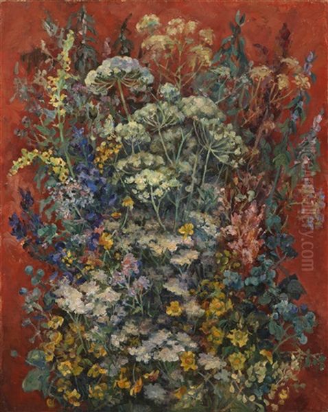 Bouquet Of Flowers On A Red Background Oil Painting by Alexandr Aleksandrovich Osmerkin