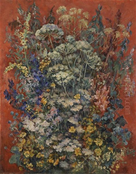 Bouquet Of Flowers On A Red Background Oil Painting by Alexandr Aleksandrovich Osmerkin
