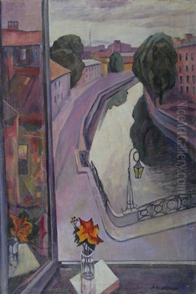 View From The Window On City Street Oil Painting by Alexandr Aleksandrovich Osmerkin