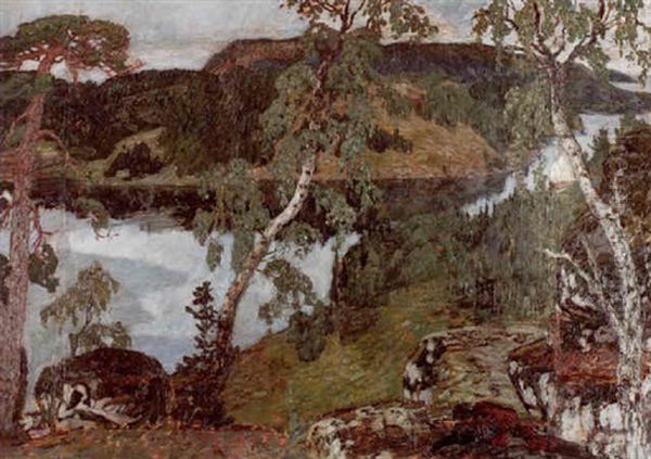 Sommarkvall - Landskap Fran Angermanland Oil Painting by Helmer Osslund