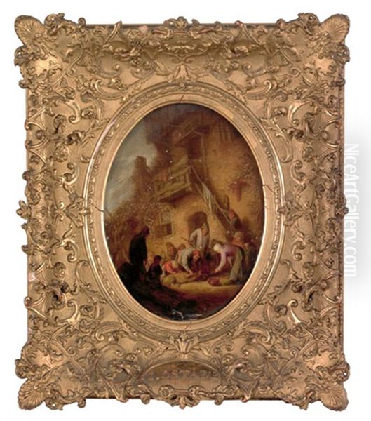 Depicting Figures Butchering An Animal Oil Painting by Isaac Van Ostade