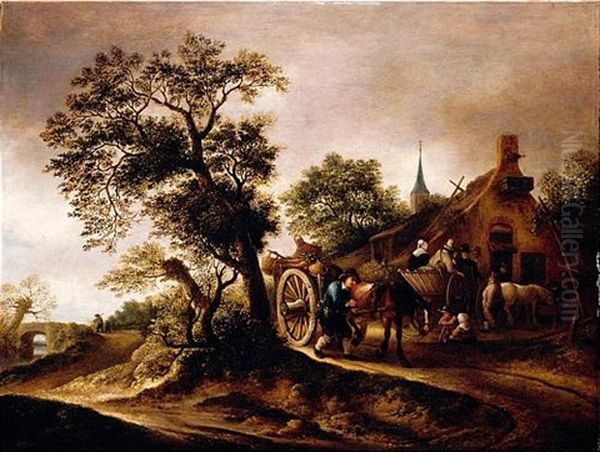 Landscape With Figures And Carts Before A Cottage Oil Painting by Isaac Van Ostade