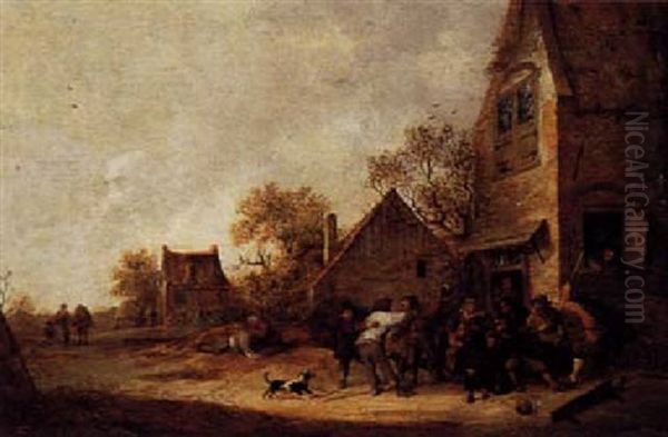 Peasants Fighting Outside An Inn Oil Painting by Isaac Van Ostade