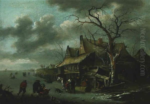 Peasants On A Frozen Waterway Near A Village Oil Painting by Isaac Van Ostade
