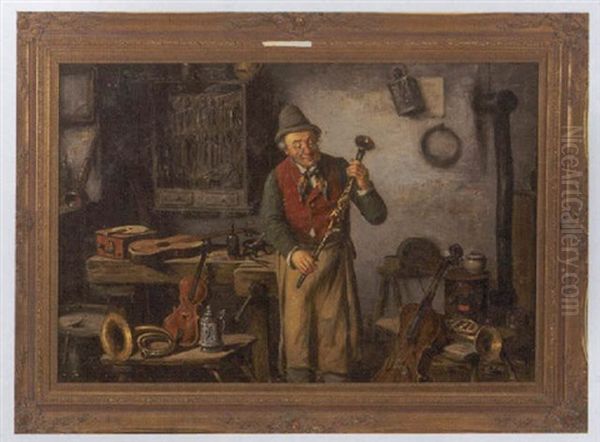 Interior Med Instrumentmager Med Beskadiget Klarinet Oil Painting by Carl Ostersetzer