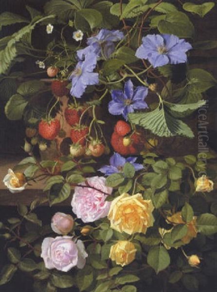 En Jordbaerplante Sammen Med En Clematis Samt En Gul Og Rod Rose I Et Vaexthus Oil Painting by Otto Didrik Ottesen