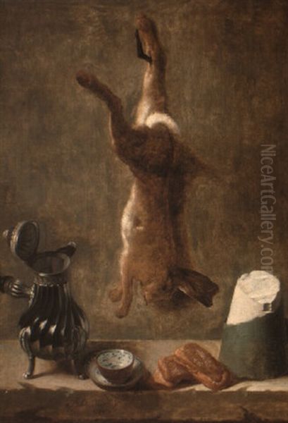 Still Life Of A Rabbit, Silver Coffee Pot, Cup And Saucer, Bread And Cheese Oil Painting by Jacques Charles Oudry