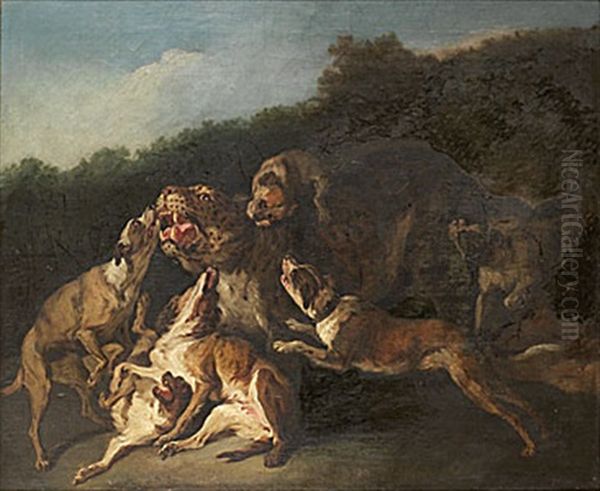 Hundar Anfallande En Leopard Oil Painting by Jean-Baptiste Oudry