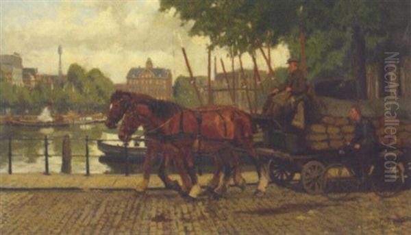 On The Quay Of The Nieuwe Haven, Rotterdam Oil Painting by Gijsbertus Johannes Van Overbeek