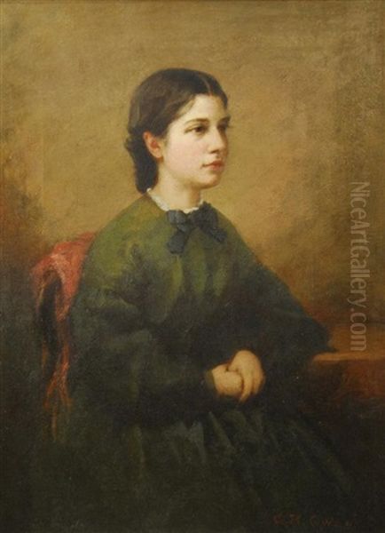 Portrait Of A Lady In Green Dress With Clasped Hands Oil Painting by Clara Belle Owen