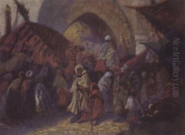 Chameliers Et Marchands A L'entree De La Ville Arabe Oil Painting by Jean-Louis Paguenaud